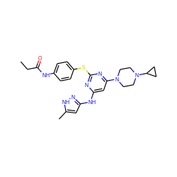 CCC(=O)Nc1ccc(Sc2nc(Nc3cc(C)[nH]n3)cc(N3CCN(C4CC4)CC3)n2)cc1 ZINC000038803069