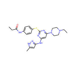 CCC(=O)Nc1ccc(Sc2nc(Nc3cc(C)[nH]n3)cc(N3CCN(CC)CC3)n2)cc1 ZINC000038515187