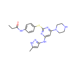 CCC(=O)Nc1ccc(Sc2nc(Nc3cc(C)[nH]n3)cc(N3CCNCC3)n2)cc1 ZINC000038732839