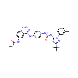 CCC(=O)Nc1ccc2ncnc(Nc3ccc(NC(=O)Nc4cc(C(C)(C)C)nn4-c4cccc(C)c4)cc3)c2c1 ZINC000042851063