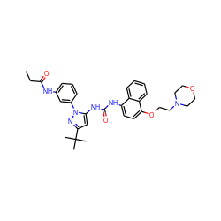 CCC(=O)Nc1cccc(-n2nc(C(C)(C)C)cc2NC(=O)Nc2ccc(OCCN3CCOCC3)c3ccccc23)c1 ZINC000169335985