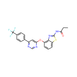 CCC(=O)Nc1nc2c(Oc3cc(-c4ccc(C(F)(F)F)cc4)ncn3)cccc2s1 ZINC000014974138