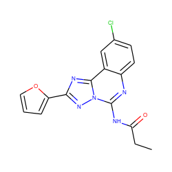 CCC(=O)Nc1nc2ccc(Cl)cc2c2nc(-c3ccco3)nn12 ZINC000013672223