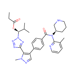 CCC(=O)O[C@@H](C(C)C)n1nnc(-c2c(-c3ccc(C(=O)N(c4ncccc4C)[C@@H]4CCCNC4)cc3)cnn2C)n1 ZINC001772586700