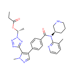 CCC(=O)O[C@H](C)n1nnc(-c2c(-c3ccc(C(=O)N(c4ncccc4C)[C@@H]4CCCNC4)cc3)cnn2C)n1 ZINC001772590759