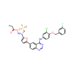 CCC(=O)ON[C@H](CS(C)(=O)=O)c1ccc(-c2ccc3ncnc(Nc4ccc(OCc5cccc(F)c5)c(Cl)c4)c3c2)o1 ZINC000299832252