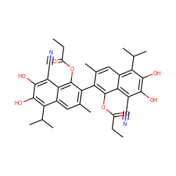 CCC(=O)Oc1c(-c2c(C)cc3c(C(C)C)c(O)c(O)c(C#N)c3c2OC(=O)CC)c(C)cc2c(C(C)C)c(O)c(O)c(C#N)c12 ZINC000029483002