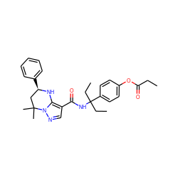 CCC(=O)Oc1ccc(C(CC)(CC)NC(=O)c2cnn3c2N[C@H](c2ccccc2)CC3(C)C)cc1 ZINC000066114548