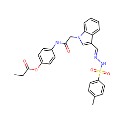 CCC(=O)Oc1ccc(NC(=O)Cn2cc(/C=N/NS(=O)(=O)c3ccc(C)cc3)c3ccccc32)cc1 ZINC000096938519