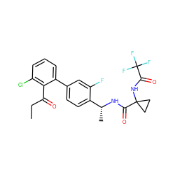 CCC(=O)c1c(Cl)cccc1-c1ccc([C@@H](C)NC(=O)C2(NC(=O)C(F)(F)F)CC2)c(F)c1 ZINC000035090745