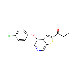 CCC(=O)c1cc2c(Oc3ccc(Cl)cc3)cncc2s1 ZINC000164872068