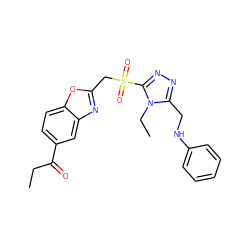 CCC(=O)c1ccc2oc(CS(=O)(=O)c3nnc(CNc4ccccc4)n3CC)nc2c1 ZINC000084690719