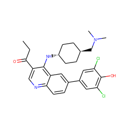 CCC(=O)c1cnc2ccc(-c3cc(Cl)c(O)c(Cl)c3)cc2c1N[C@H]1CC[C@H](CN(C)C)CC1 ZINC000473165246