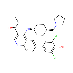 CCC(=O)c1cnc2ccc(-c3cc(Cl)c(O)c(Cl)c3)cc2c1N[C@H]1CC[C@H](CN2CCCC2)CC1 ZINC000473183001