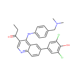 CCC(=O)c1cnc2ccc(-c3cc(Cl)c(O)c(Cl)c3)cc2c1Nc1ccc(CN(C)C)cc1 ZINC000215727617