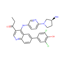 CCC(=O)c1cnc2ccc(-c3cc(Cl)c(O)c(Cl)c3)cc2c1Nc1ccc(N2CC[C@H](N)C2)nc1 ZINC000215730265