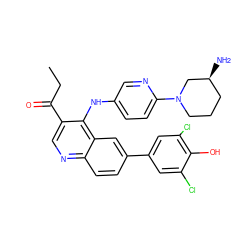 CCC(=O)c1cnc2ccc(-c3cc(Cl)c(O)c(Cl)c3)cc2c1Nc1ccc(N2CCC[C@H](N)C2)nc1 ZINC000203798786