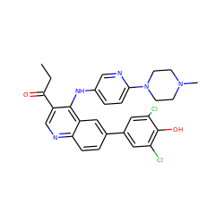 CCC(=O)c1cnc2ccc(-c3cc(Cl)c(O)c(Cl)c3)cc2c1Nc1ccc(N2CCN(C)CC2)nc1 ZINC000114038590