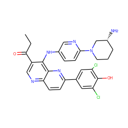 CCC(=O)c1cnc2ccc(-c3cc(Cl)c(O)c(Cl)c3)nc2c1Nc1ccc(N2CCC[C@@H](N)C2)nc1 ZINC000473194436