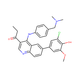 CCC(=O)c1cnc2ccc(-c3cc(Cl)c(O)c(OC)c3)cc2c1Nc1ccc(CN(C)C)cc1 ZINC000219344135