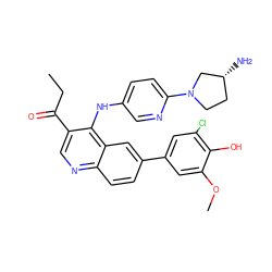 CCC(=O)c1cnc2ccc(-c3cc(Cl)c(O)c(OC)c3)cc2c1Nc1ccc(N2CC[C@@H](N)C2)nc1 ZINC000114037514