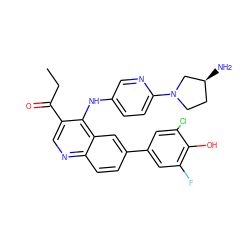 CCC(=O)c1cnc2ccc(-c3cc(F)c(O)c(Cl)c3)cc2c1Nc1ccc(N2CC[C@H](N)C2)nc1 ZINC000215730395