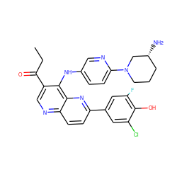 CCC(=O)c1cnc2ccc(-c3cc(F)c(O)c(Cl)c3)nc2c1Nc1ccc(N2CCC[C@@H](N)C2)nc1 ZINC000473194469