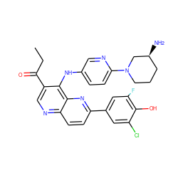 CCC(=O)c1cnc2ccc(-c3cc(F)c(O)c(Cl)c3)nc2c1Nc1ccc(N2CCC[C@H](N)C2)nc1 ZINC000473194468