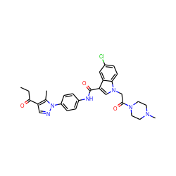 CCC(=O)c1cnn(-c2ccc(NC(=O)c3cn(CC(=O)N4CCN(C)CC4)c4ccc(Cl)cc34)cc2)c1C ZINC000299831887