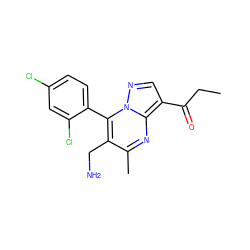 CCC(=O)c1cnn2c(-c3ccc(Cl)cc3Cl)c(CN)c(C)nc12 ZINC000058575964