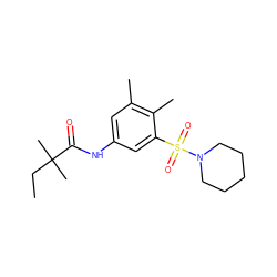 CCC(C)(C)C(=O)Nc1cc(C)c(C)c(S(=O)(=O)N2CCCCC2)c1 ZINC000045369751