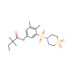 CCC(C)(C)C(=O)Nc1cc(C)c(C)c(S(=O)(=O)N2CCS(=O)(=O)CC2)c1 ZINC000045388740