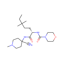 CCC(C)(C)CC[C@H](NC(=O)N1CCOCC1)C(=O)NC1(C#N)CCN(C)CC1 ZINC000003987662