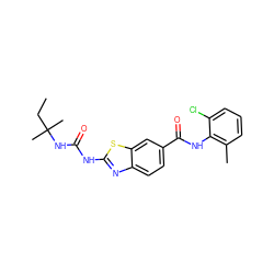 CCC(C)(C)NC(=O)Nc1nc2ccc(C(=O)Nc3c(C)cccc3Cl)cc2s1 ZINC000013534081