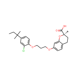 CCC(C)(C)c1ccc(OCCCOc2ccc3c(c2)O[C@@](C)(C(=O)O)CC3)c(Cl)c1 ZINC000028126020