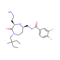 CCC(C)(CC)CN1CC[C@H](CNC(=O)c2ccc(Cl)c(Cl)c2)N[C@H](CCN)C1=O ZINC000206901952