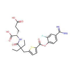 CCC(CC)(Cc1ccc(C(=O)Oc2ccc(C(=N)N)cc2F)s1)C(=O)N[C@@H](CCC(=O)O)C(=O)O ZINC000210444034