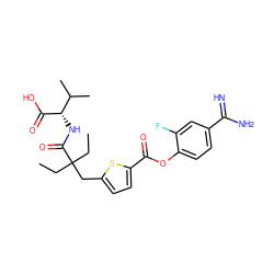 CCC(CC)(Cc1ccc(C(=O)Oc2ccc(C(=N)N)cc2F)s1)C(=O)N[C@H](C(=O)O)C(C)C ZINC000210440497