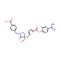 CCC(CC)(Cc1ccc(C(=O)Oc2ccc(C(=N)N)cc2F)s1)C(=O)NCc1ccc(C(=O)O)cc1 ZINC000261172650