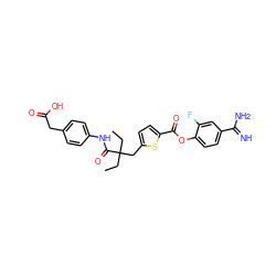 CCC(CC)(Cc1ccc(C(=O)Oc2ccc(C(=N)N)cc2F)s1)C(=O)Nc1ccc(CC(=O)O)cc1 ZINC000261096532