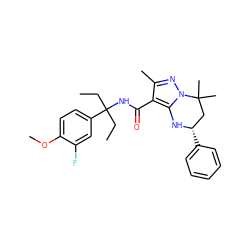 CCC(CC)(NC(=O)c1c(C)nn2c1N[C@@H](c1ccccc1)CC2(C)C)c1ccc(OC)c(F)c1 ZINC000066114221