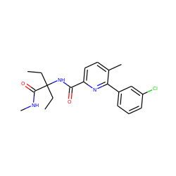 CCC(CC)(NC(=O)c1ccc(C)c(-c2cccc(Cl)c2)n1)C(=O)NC ZINC000206685281