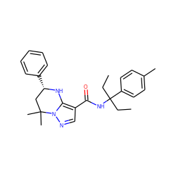 CCC(CC)(NC(=O)c1cnn2c1N[C@@H](c1ccccc1)CC2(C)C)c1ccc(C)cc1 ZINC000038655139