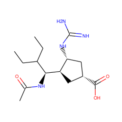 CCC(CC)[C@H](NC(C)=O)[C@@H]1C[C@@H](C(=O)O)C[C@H]1NC(=N)N ZINC000003588277