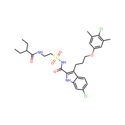 CCC(CC)C(=O)NCCS(=O)(=O)NC(=O)c1[nH]c2cc(Cl)ccc2c1CCCOc1cc(C)c(Cl)c(C)c1 ZINC000653720287