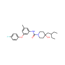 CCC(CC)CC1(O)CCN(C(=O)Nc2cc(C)cc(Oc3ccc(F)cc3)c2)CC1 ZINC000299857086