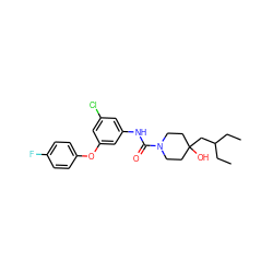 CCC(CC)CC1(O)CCN(C(=O)Nc2cc(Cl)cc(Oc3ccc(F)cc3)c2)CC1 ZINC000299856776