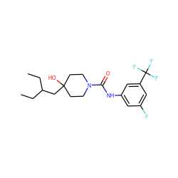 CCC(CC)CC1(O)CCN(C(=O)Nc2cc(F)cc(C(F)(F)F)c2)CC1 ZINC000163643234