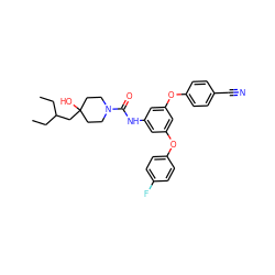 CCC(CC)CC1(O)CCN(C(=O)Nc2cc(Oc3ccc(F)cc3)cc(Oc3ccc(C#N)cc3)c2)CC1 ZINC000299869231