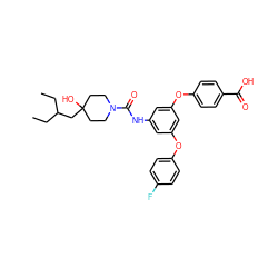 CCC(CC)CC1(O)CCN(C(=O)Nc2cc(Oc3ccc(F)cc3)cc(Oc3ccc(C(=O)O)cc3)c2)CC1 ZINC000205284949